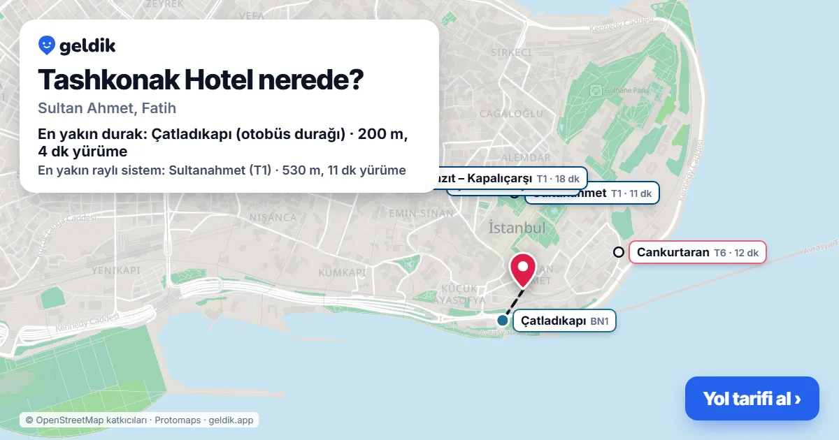 Tashkonak Hotel nerede: haritada konumu ve en yakın duraklar, yürüme süreleriyle