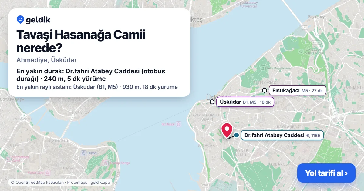Tavaşi Hasanağa Camii nerede: haritada konumu ve en yakın duraklar, yürüme süreleriyle