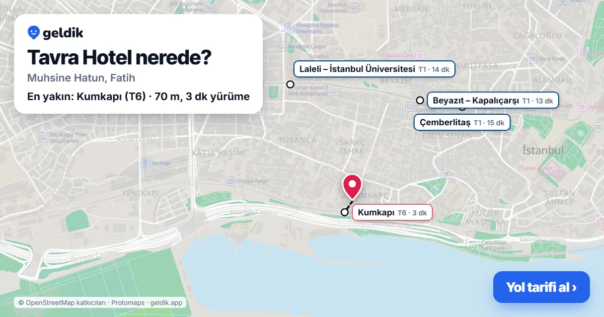 Where is Tavra Hotel: map with its location and the nearest stops, with walking times