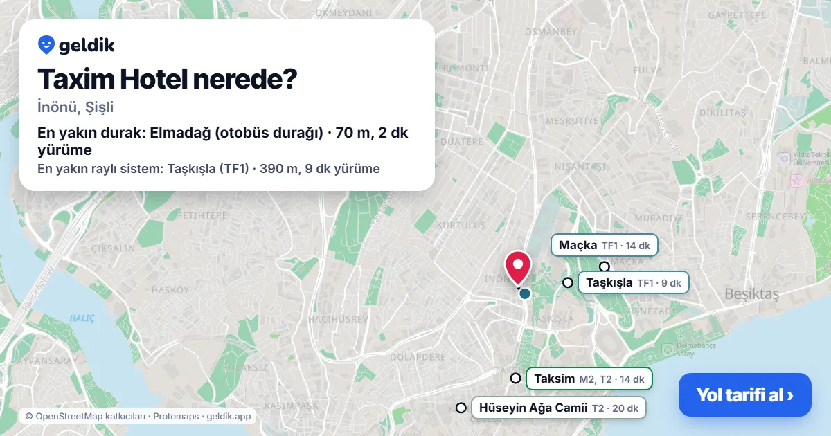 Where is Taxim Hotel: map with its location and the nearest stops, with walking times