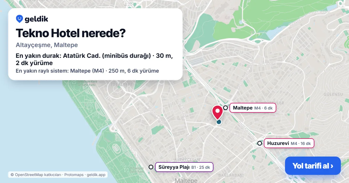 Tekno Hotel nerede: haritada konumu ve en yakın duraklar, yürüme süreleriyle