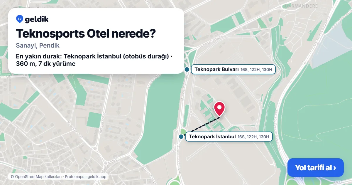 Teknosports Otel nerede: haritada konumu ve en yakın duraklar, yürüme süreleriyle