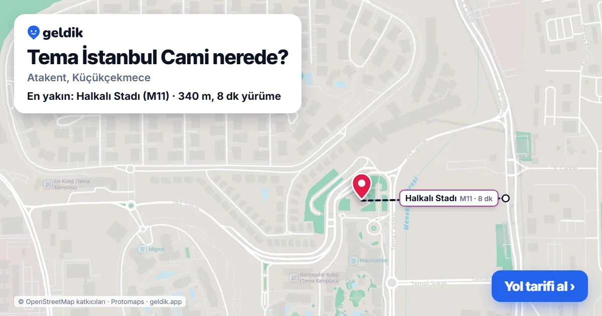 Where is Tema İstanbul Cami: map with its location and the nearest stops, with walking times