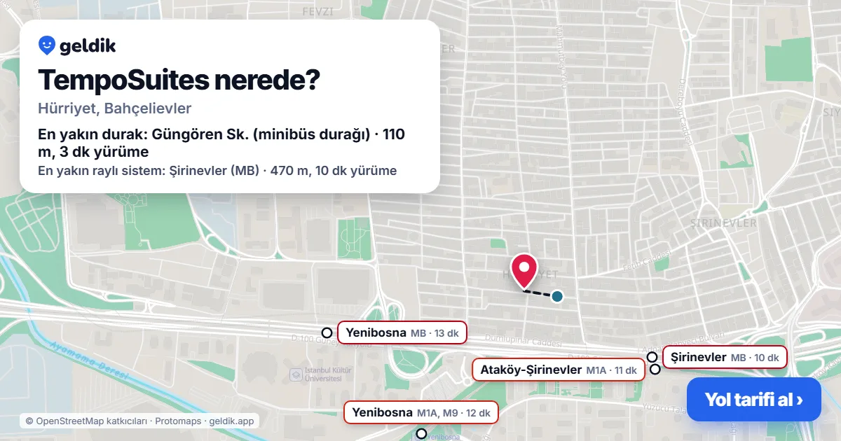 TempoSuites nerede: haritada konumu ve en yakın duraklar, yürüme süreleriyle
