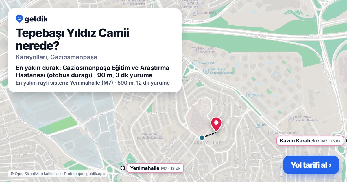 Where is Tepebaşı Yıldız Camii: map with its location and the nearest stops, with walking times