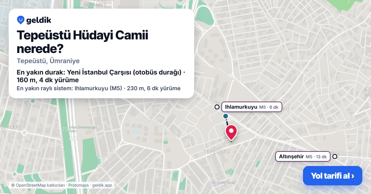 Tepeüstü Hüdayi Camii nerede: haritada konumu ve en yakın duraklar, yürüme süreleriyle