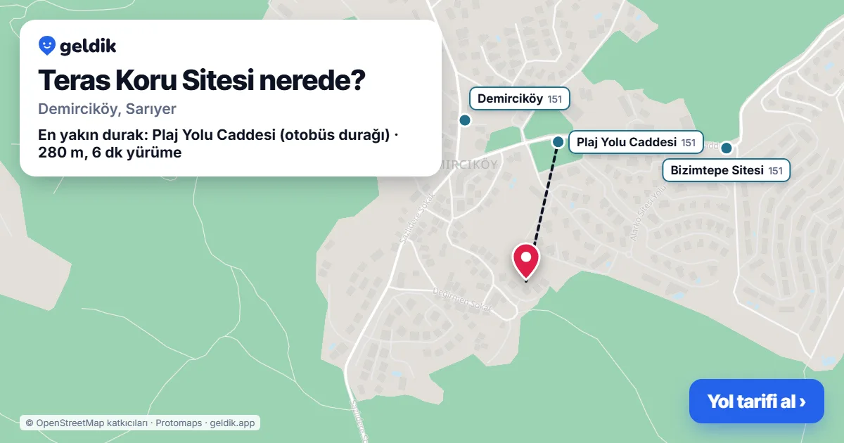 Teras Koru Sitesi nerede: haritada konumu ve en yakın duraklar, yürüme süreleriyle