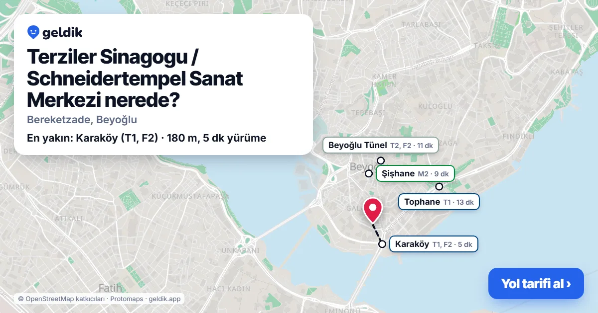 Terziler Sinagogu / Schneidertempel Sanat Merkezi nerede: haritada konumu ve en yakın duraklar, yürüme süreleriyle