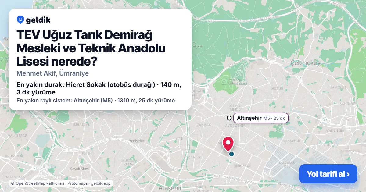 TEV Uğuz Tarık Demirağ Mesleki ve Teknik Anadolu Lisesi nerede: haritada konumu ve en yakın duraklar, yürüme süreleriyle