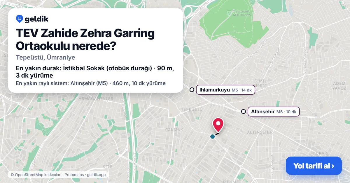 TEV Zahide Zehra Garring Ortaokulu nerede: haritada konumu ve en yakın duraklar, yürüme süreleriyle