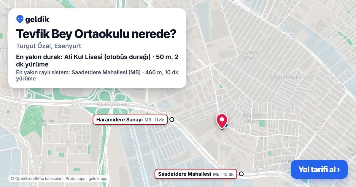 Where is Tevfik Bey Ortaokulu: map with its location and the nearest stops, with walking times