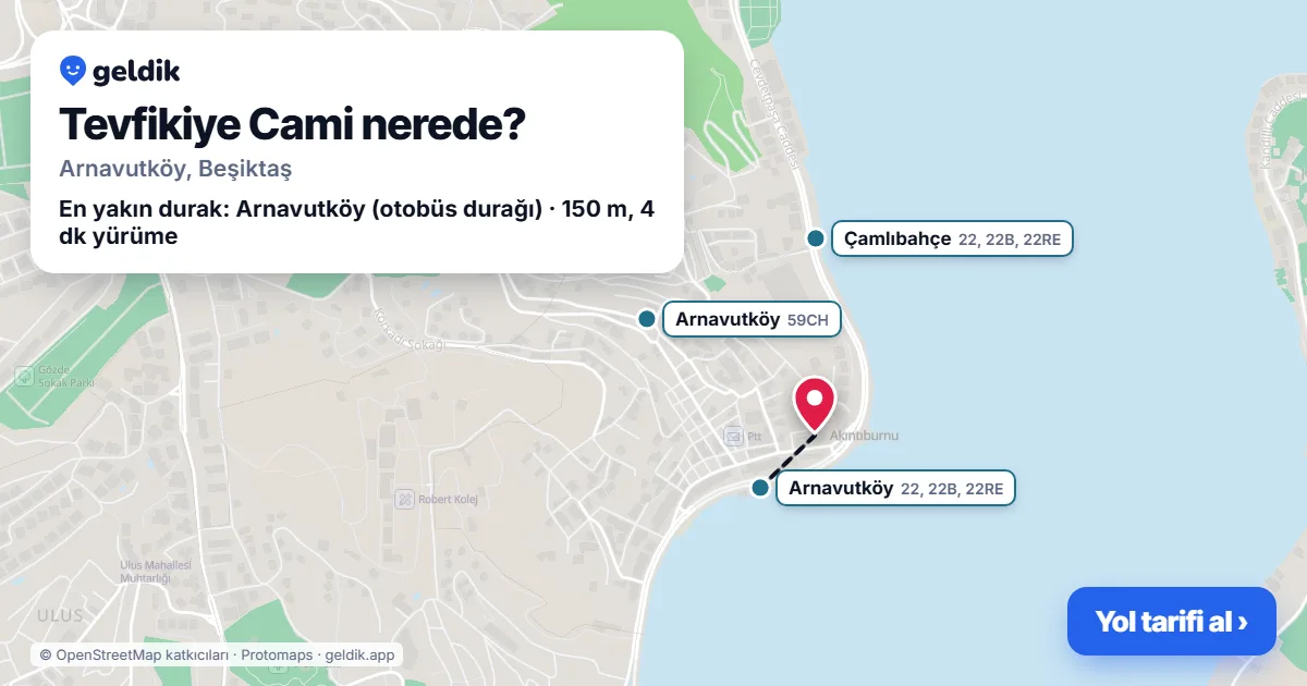 Where is Tevfikiye Cami: map with its location and the nearest stops, with walking times