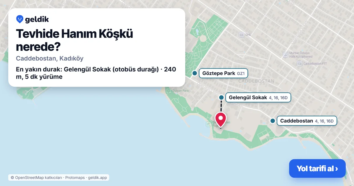 Where is Tevhide Hanım Köşkü: map with its location and the nearest stops, with walking times