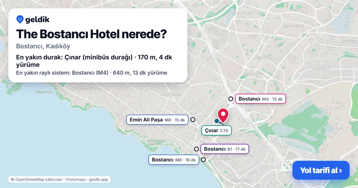 The Bostancı Hotel nerede: haritada konumu ve en yakın duraklar, yürüme süreleriyle