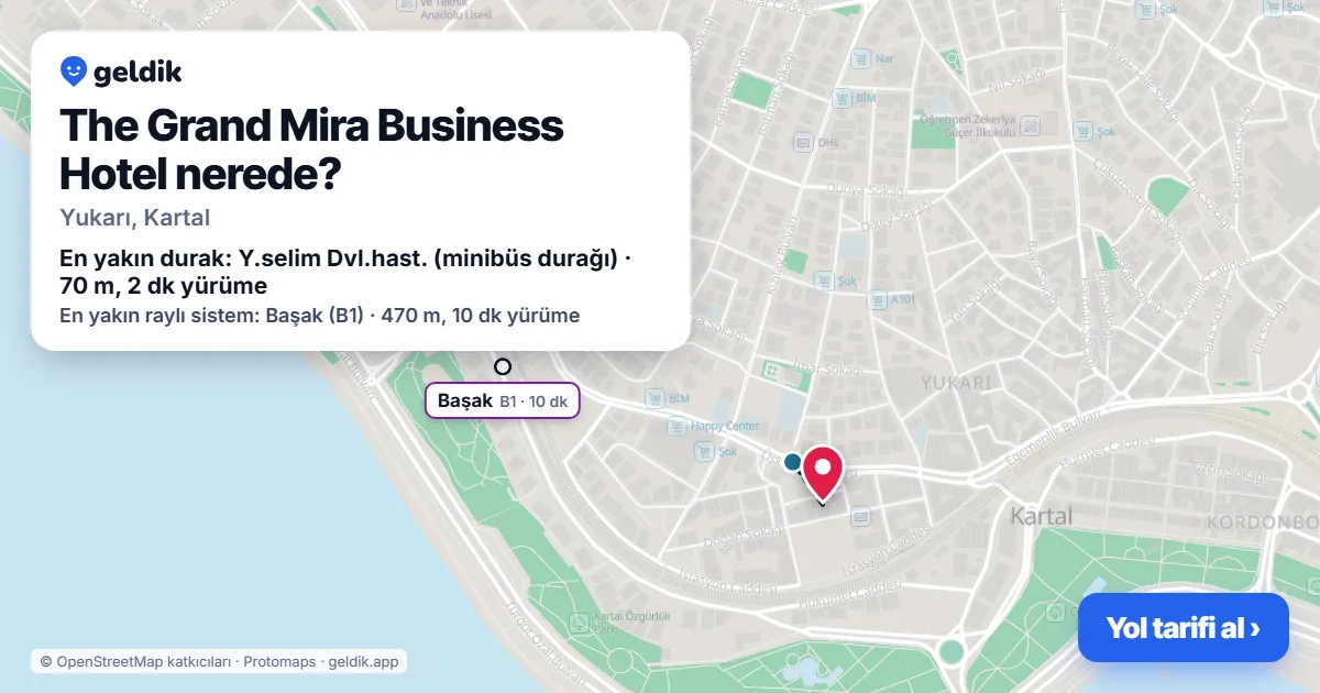 Where is The Grand Mira Business Hotel: map with its location and the nearest stops, with walking times