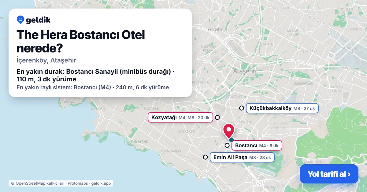 The Hera Bostancı Otel nerede: haritada konumu ve en yakın duraklar, yürüme süreleriyle