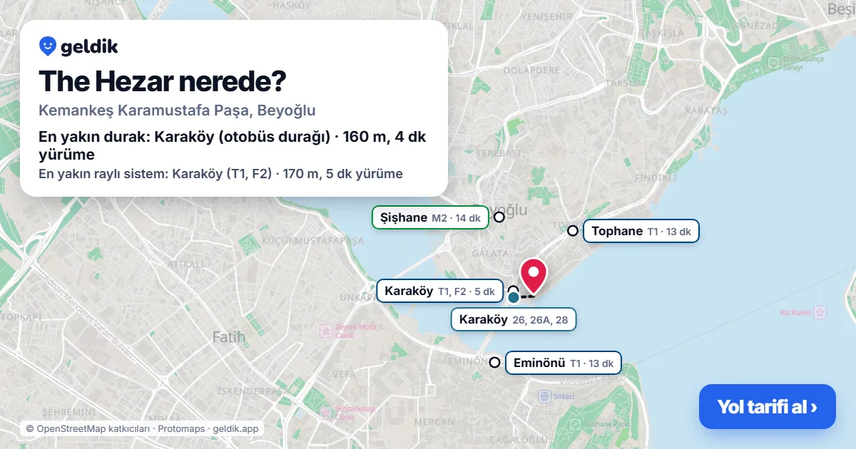The Hezar nerede: haritada konumu ve en yakın duraklar, yürüme süreleriyle