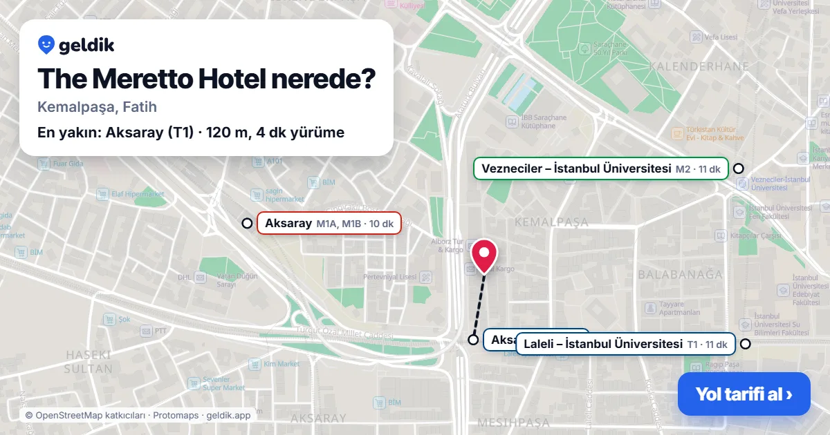 The Meretto Hotel nerede: haritada konumu ve en yakın duraklar, yürüme süreleriyle