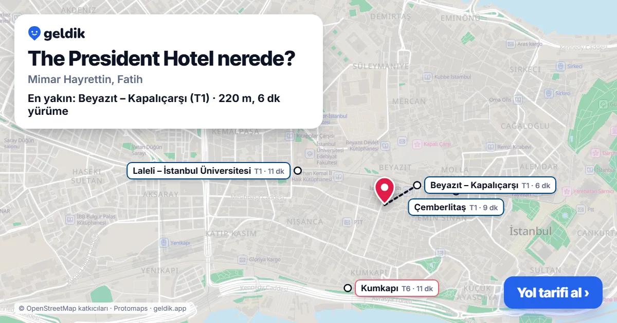 The President Hotel nerede: haritada konumu ve en yakın duraklar, yürüme süreleriyle
