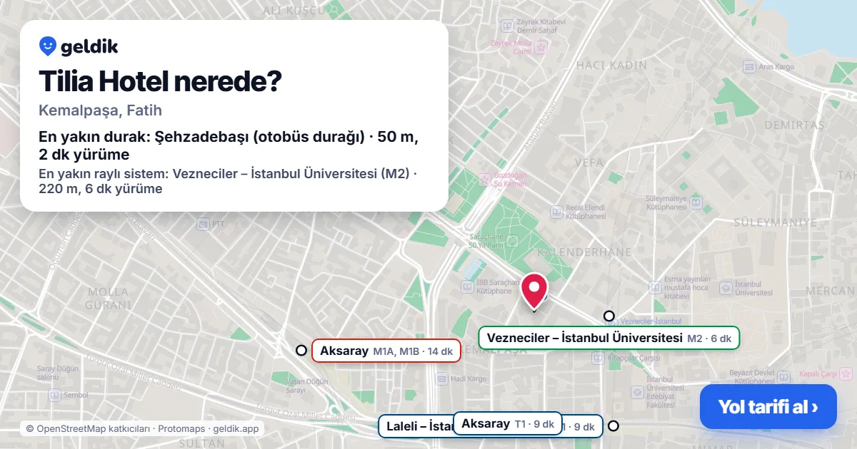 Tilia Hotel nerede: haritada konumu ve en yakın duraklar, yürüme süreleriyle