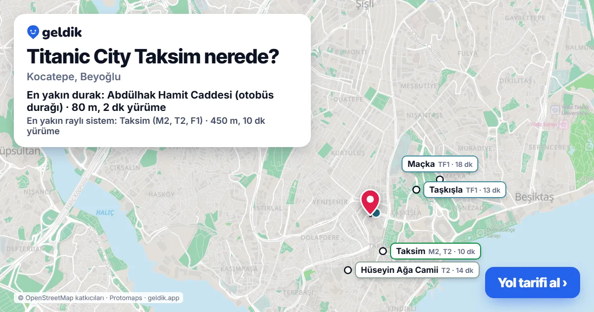 Where is Titanic City Taksim: map with its location and the nearest stops, with walking times