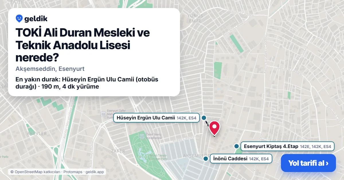 TOKİ Ali Duran Mesleki ve Teknik Anadolu Lisesi nerede: haritada konumu ve en yakın duraklar, yürüme süreleriyle