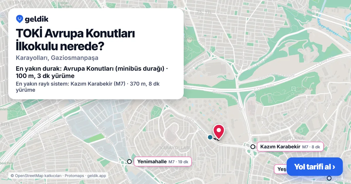 Where is TOKİ Avrupa Konutları İlkokulu: map with its location and the nearest stops, with walking times