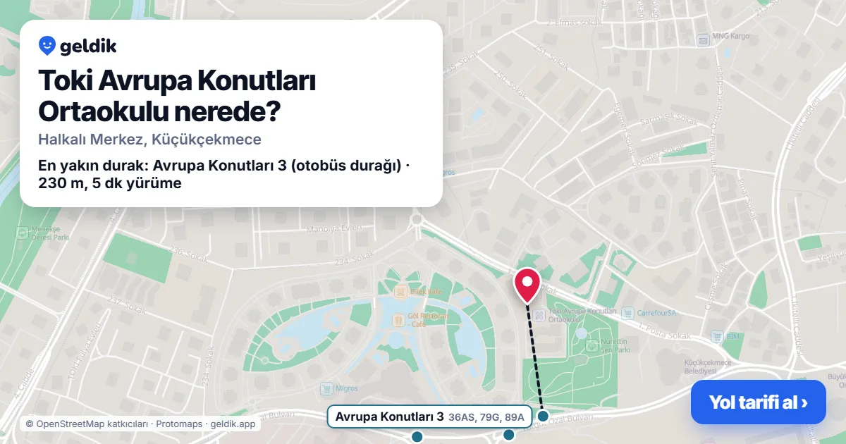 Toki Avrupa Konutları Ortaokulu nerede: haritada konumu ve en yakın duraklar, yürüme süreleriyle