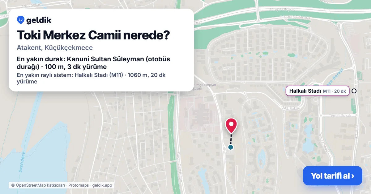 Toki Merkez Camii nerede: haritada konumu ve en yakın duraklar, yürüme süreleriyle