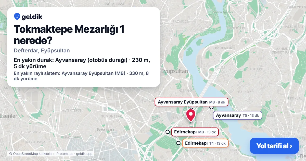Tokmaktepe Mezarlığı 1 nerede: haritada konumu ve en yakın duraklar, yürüme süreleriyle