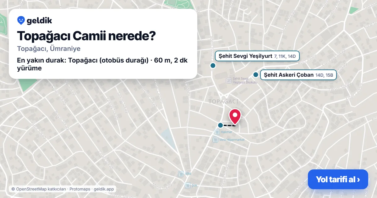 Where is Topağacı Camii: map with its location and the nearest stops, with walking times