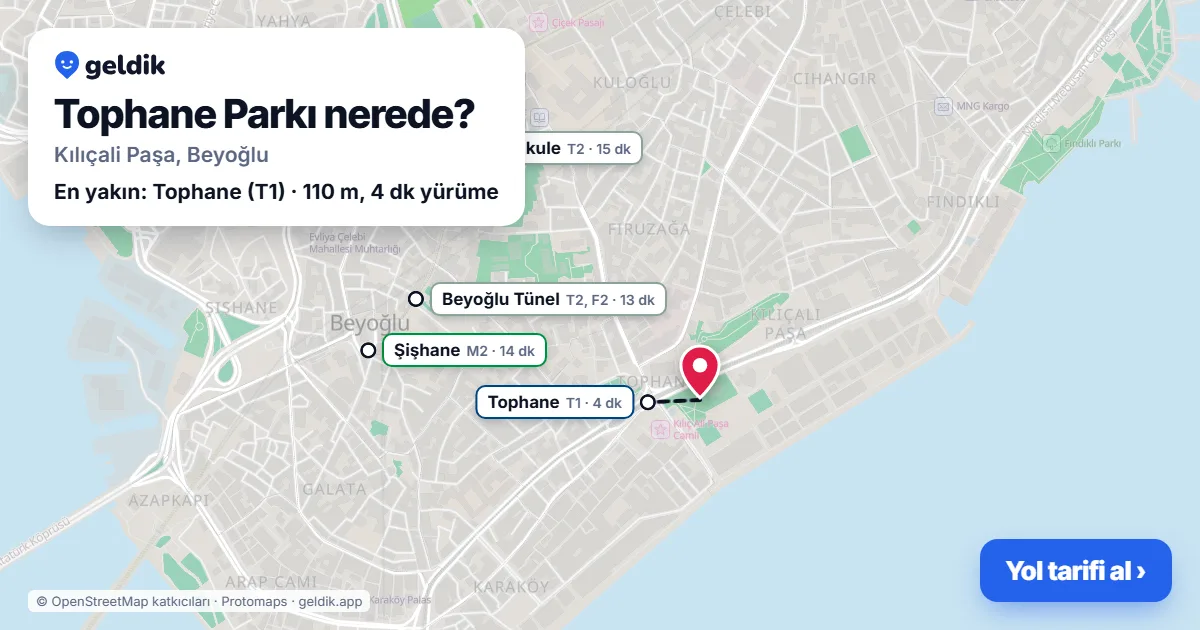 Tophane Parkı nerede: haritada konumu ve en yakın duraklar, yürüme süreleriyle