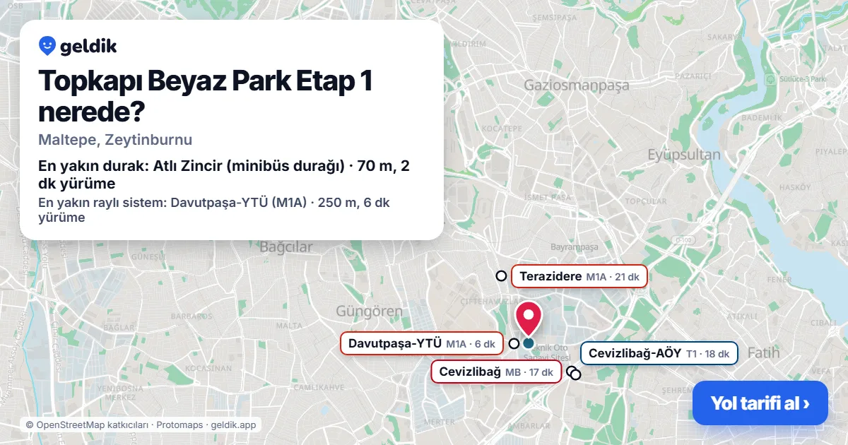 Topkapı Beyaz Park Etap 1 nerede: haritada konumu ve en yakın duraklar, yürüme süreleriyle
