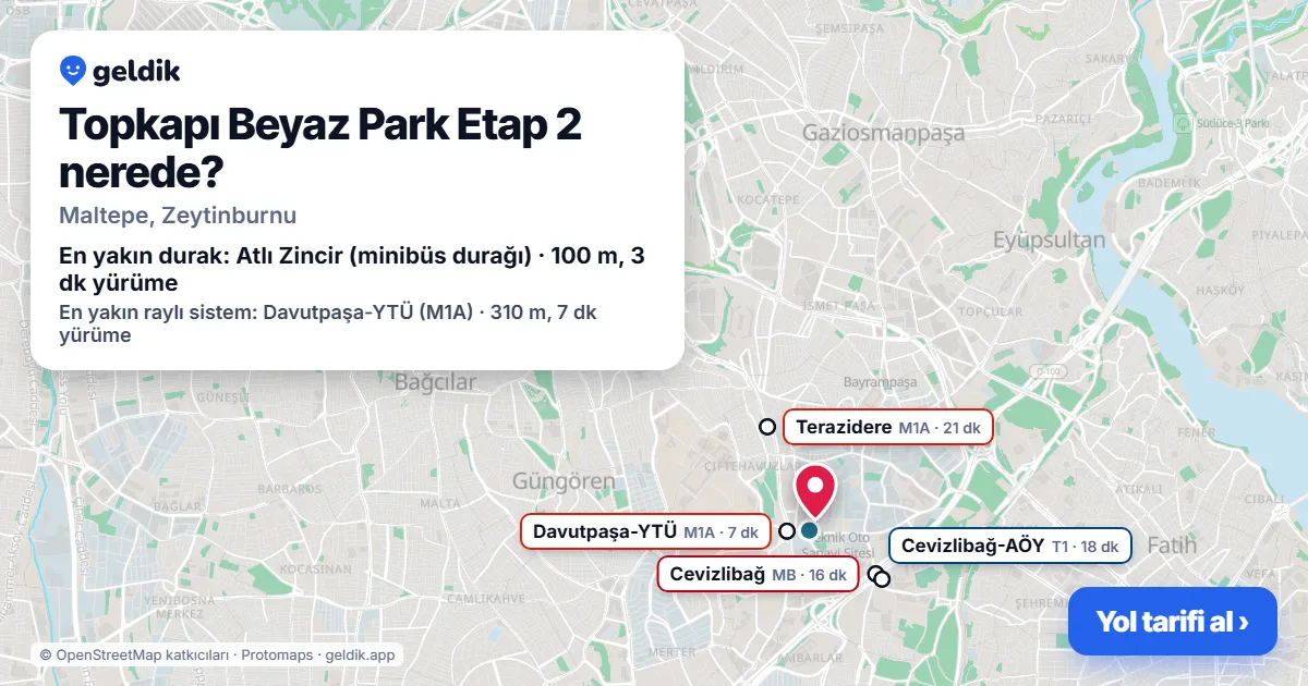 Where is Topkapı Beyaz Park Etap 2: map with its location and the nearest stops, with walking times