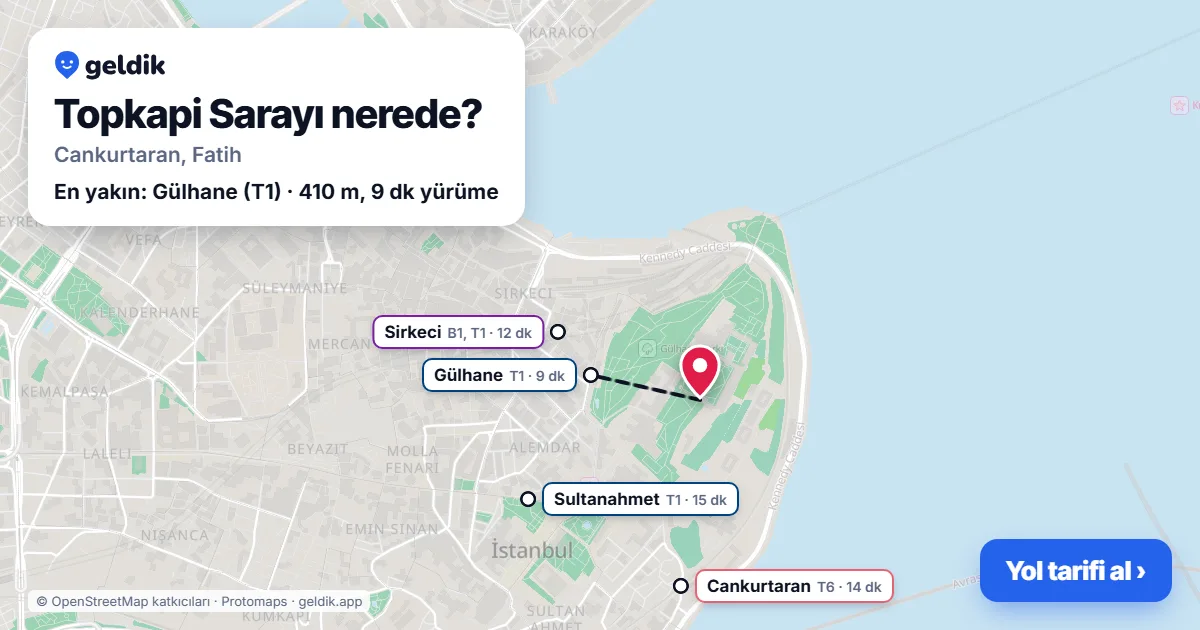 Topkapi Sarayı nerede: haritada konumu ve en yakın duraklar, yürüme süreleriyle