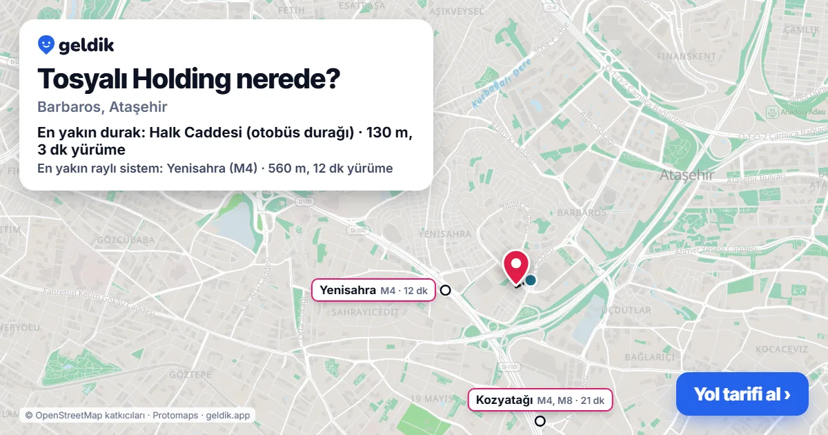 Tosyalı Holding nerede: haritada konumu ve en yakın duraklar, yürüme süreleriyle