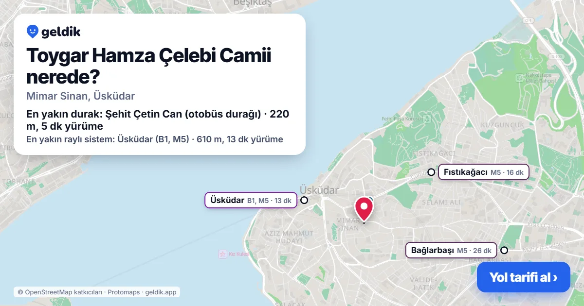 Where is Toygar Hamza Çelebi Camii: map with its location and the nearest stops, with walking times