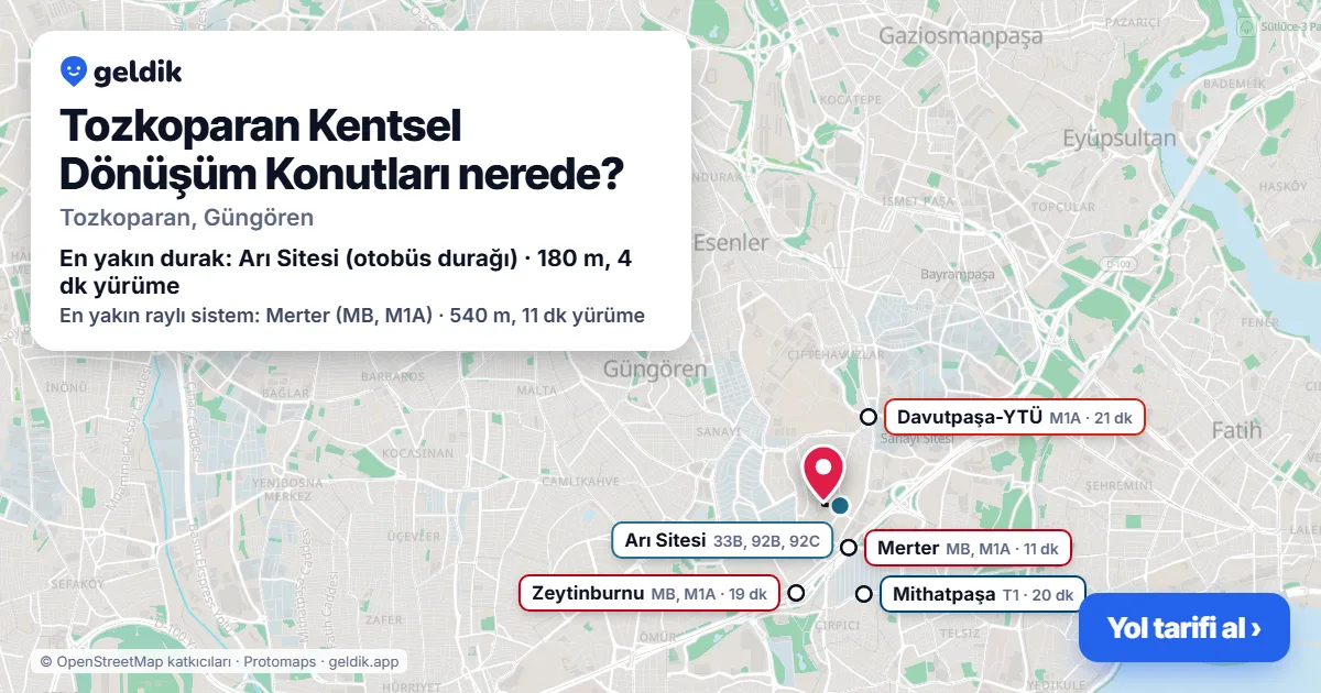 Where is Tozkoparan Kentsel Dönüşüm Konutları: map with its location and the nearest stops, with walking times