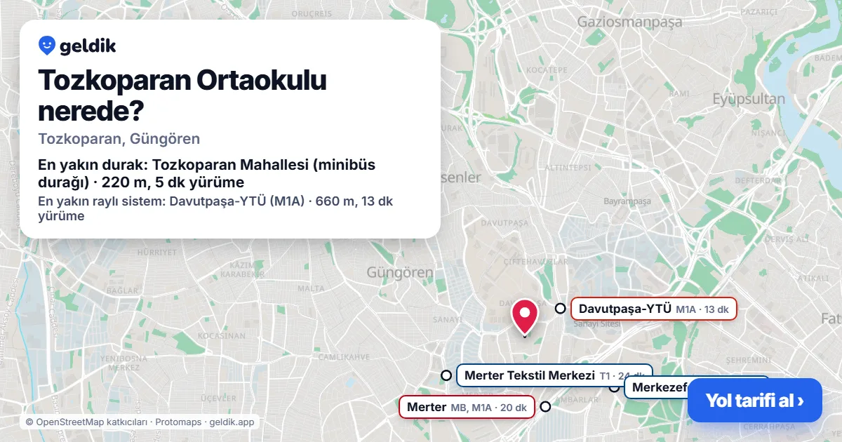 Where is Tozkoparan Ortaokulu: map with its location and the nearest stops, with walking times