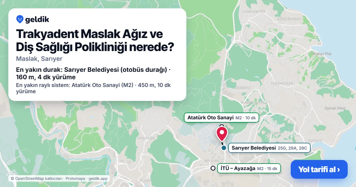 Trakyadent Maslak Ağız ve Diş Sağlığı Polikliniği nerede: haritada konumu ve en yakın duraklar, yürüme süreleriyle