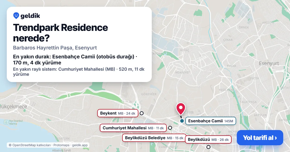 Trendpark Residence nerede: haritada konumu ve en yakın duraklar, yürüme süreleriyle