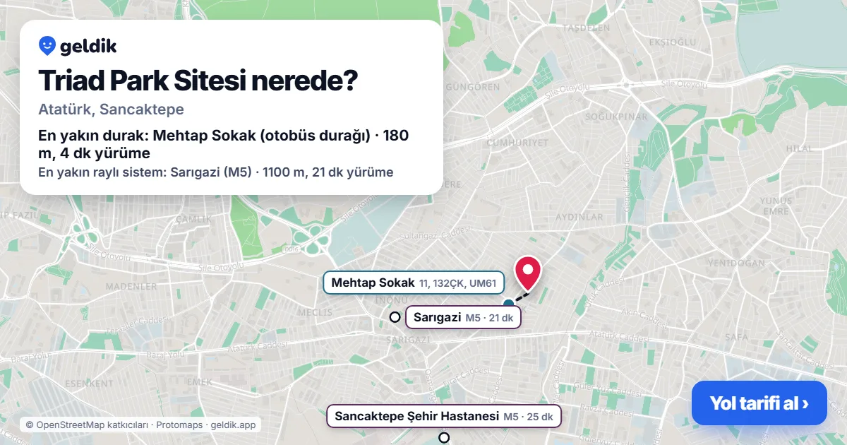 Where is Triad Park Sitesi: map with its location and the nearest stops, with walking times