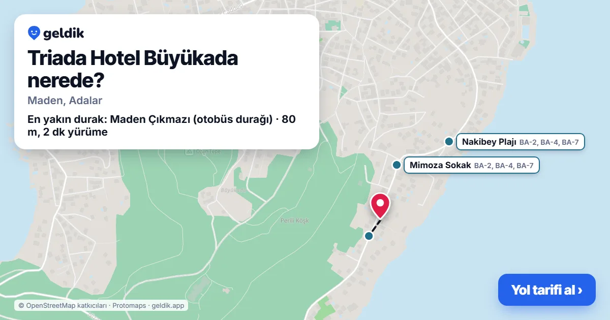 Where is Triada Hotel Büyükada: map with its location and the nearest stops, with walking times