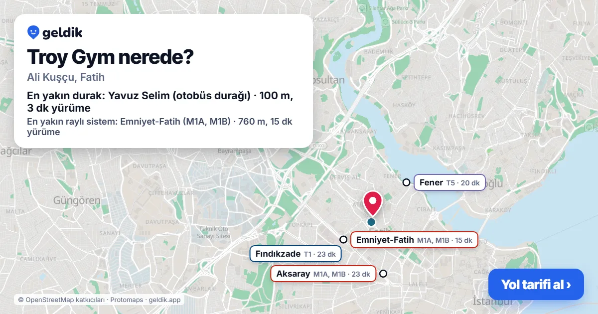 Where is Troy Gym: map with its location and the nearest stops, with walking times