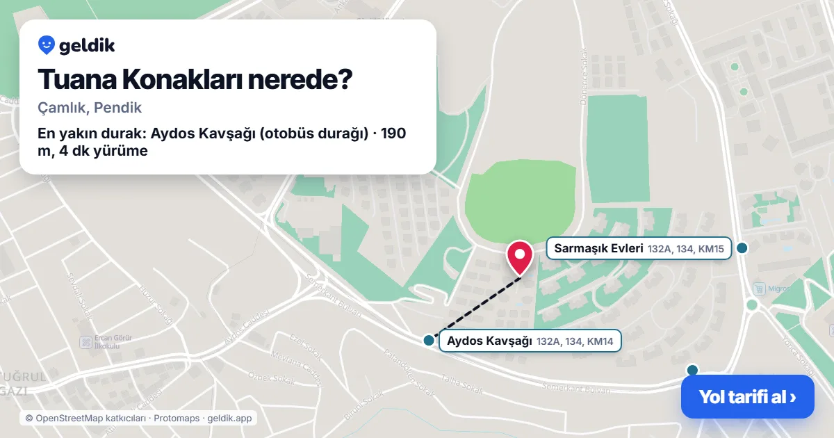 Tuana Konakları nerede: haritada konumu ve en yakın duraklar, yürüme süreleriyle