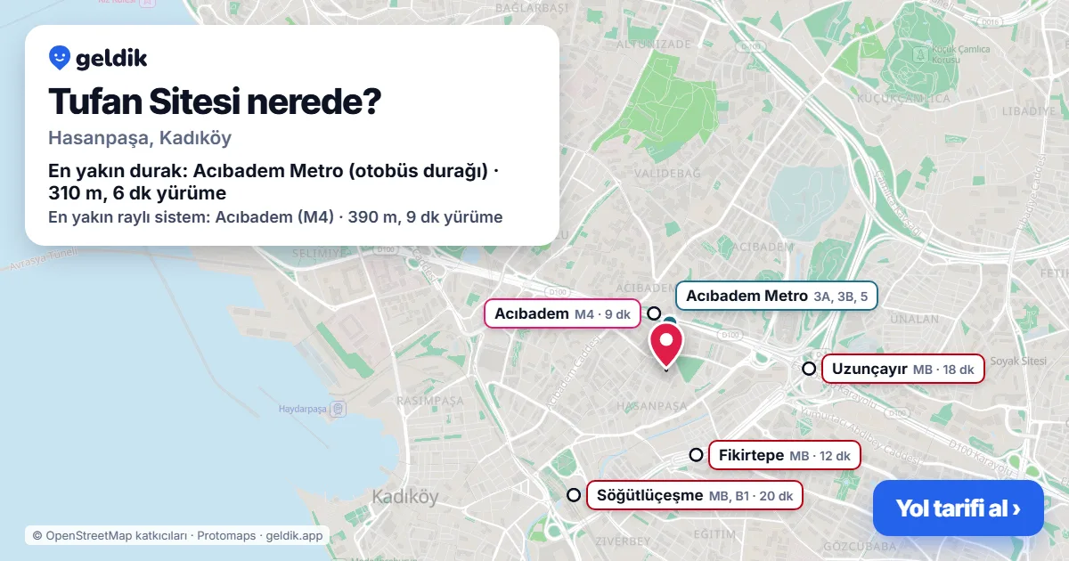 Where is Tufan Sitesi: map with its location and the nearest stops, with walking times