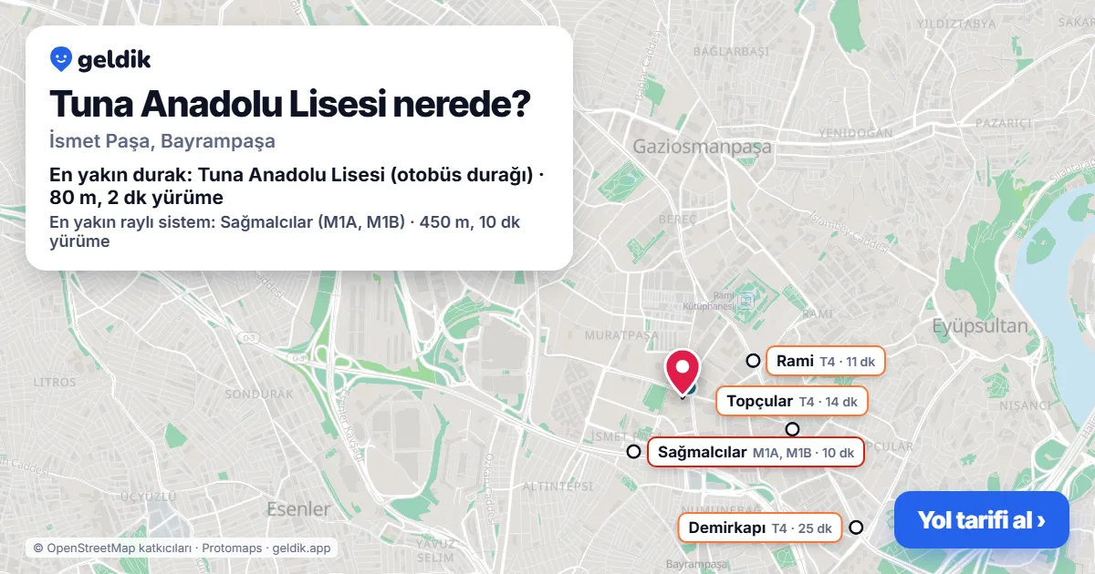 Where is Tuna Anadolu Lisesi: map with its location and the nearest stops, with walking times