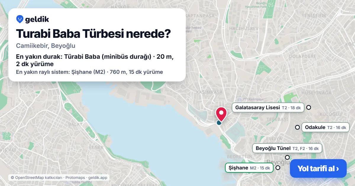Where is Turabi Baba Türbesi: map with its location and the nearest stops, with walking times