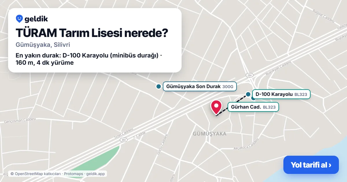 Where is TÜRAM Tarım Lisesi: map with its location and the nearest stops, with walking times