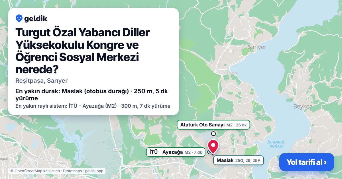 Turgut Özal Yabancı Diller Yüksekokulu Kongre ve Öğrenci Sosyal Merkezi nerede: haritada konumu ve en yakın duraklar, yürüme süreleriyle